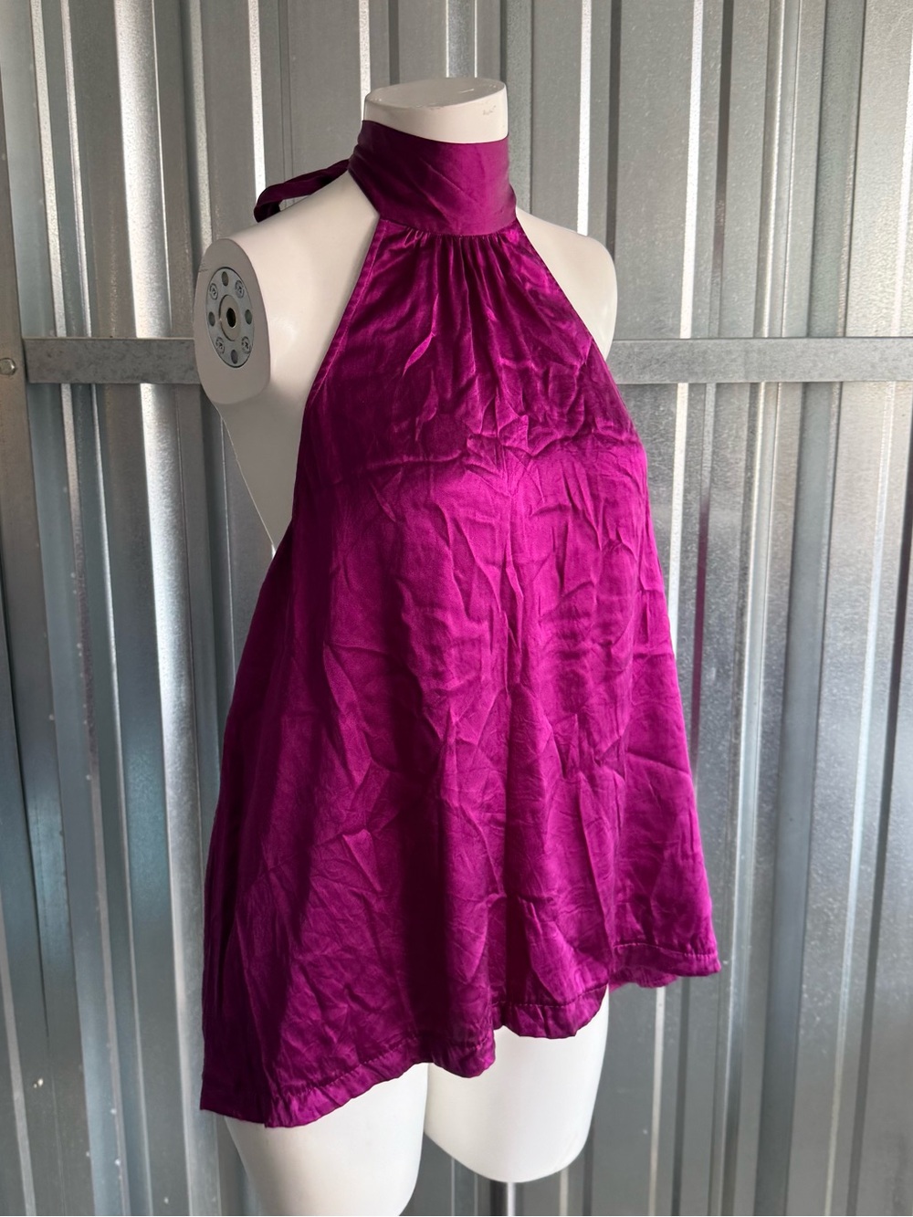Y2K Silk Halter Top Fuchsia Open Back Express Satin Party Top Large